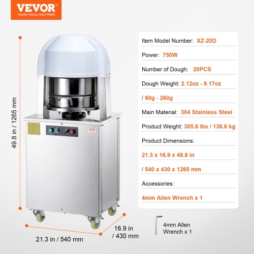 VEVOR 20PCS Electric Dough Divider Rounder, Automatic Dough Ball Cutting Making Machine, 2.12oz - 9.17oz Equal Dough Cutter with Pure Copper Motor
