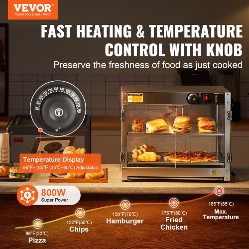 VEVOR 2-Tier Commercial Food Warmer Display, 800W Food Display Warmer with Light to Enhance Food Display, 86℉~185℉ Temperature Control, 58L Large