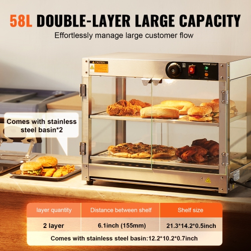 VEVOR 2-Tier Commercial Food Warmer Display, 800W Food Display Warmer with Light to Enhance Food Display, 86℉~185℉ Temperature Control, 58L Large