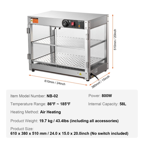 VEVOR 2-Tier Commercial Food Warmer Display, 800W Food Display Warmer with Light to Enhance Food Display, 86℉~185℉ Temperature Control, 58L Large