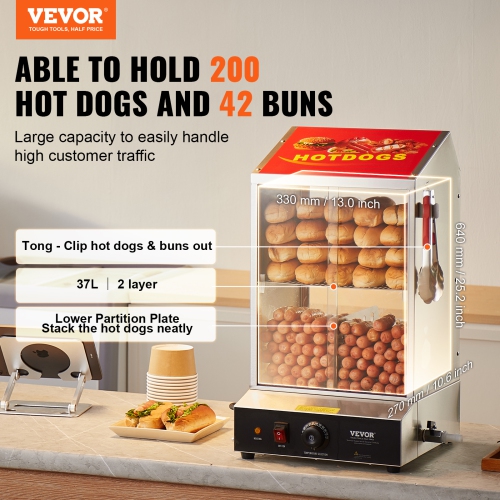 VEVOR 39QT Hot Dog Steamer, 2-Tier Hot Dog Hut Steamer, 86℉~185℉ Temperature Control, Electric Bun Warmer with Tempered Glass Slide Doors Partition
