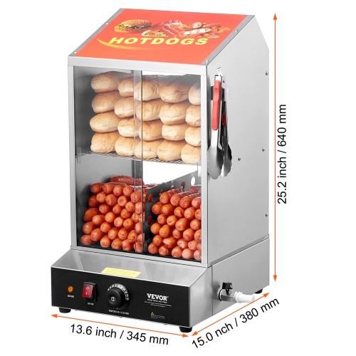 VEVOR 39QT Hot Dog Steamer, 2-Tier Hot Dog Hut Steamer, 86℉~185℉ Temperature Control, Electric Bun Warmer with Tempered Glass Slide Doors Partition