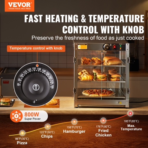 VEVOR 3-Tier Commercial Food Warmer Display, 800W Food Display Warmer with Light to Enhance Food Display, 86℉~185℉ Temperature Control, 90L Large