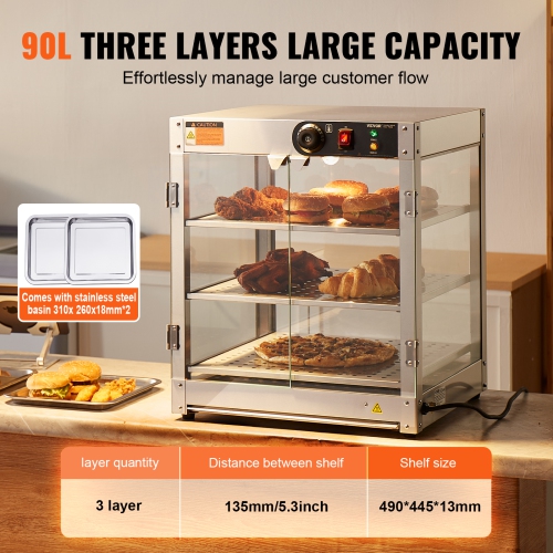 VEVOR 3-Tier Commercial Food Warmer Display, 800W Food Display Warmer with Light to Enhance Food Display, 86℉~185℉ Temperature Control, 90L Large