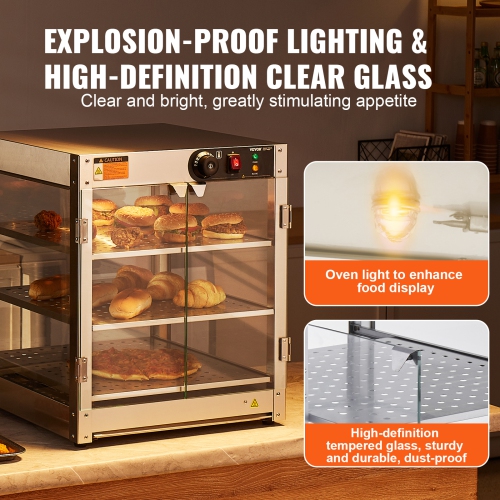 VEVOR 3-Tier Commercial Food Warmer Display, 800W Food Display Warmer with Light to Enhance Food Display, 86℉~185℉ Temperature Control, 90L Large