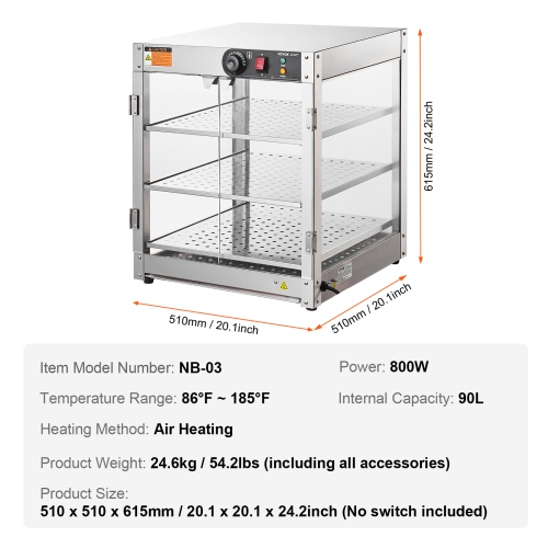 VEVOR 3-Tier Commercial Food Warmer Display, 800W Food Display Warmer with Light to Enhance Food Display, 86℉~185℉ Temperature Control, 90L Large