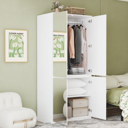 Famapy 4-Door Mirror Wardrobe with Real Glass – White Finish, Stylish & Durable,, White