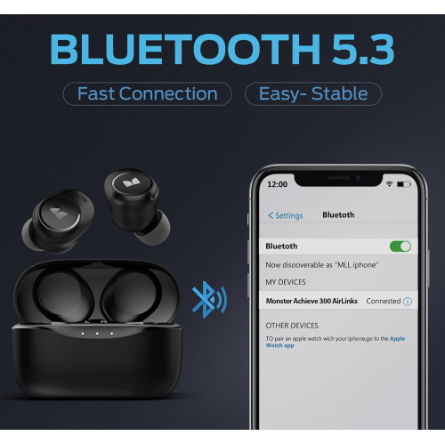 Monster Wireless Earbuds, Bluetooth 5.3 in-Ear Stereo Headphones, Touch Control, Charging Case, Fast Charging Sports Bluetooth Earphones, Type-C