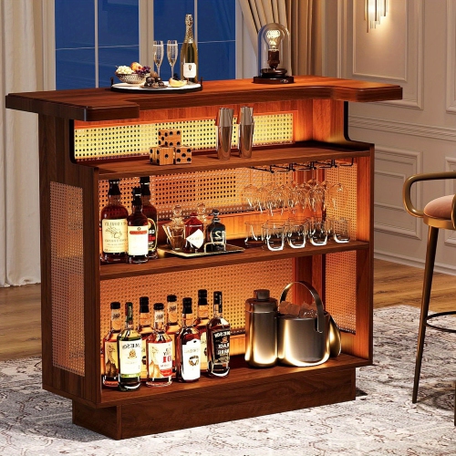 Lantine Rattan Home Bar, Farmhouse 4-Tier Bar Table with 4 Stemware Racks and Heightened Base, Liquor Wine Bar Cabinet Mini Bar Table for Home Pub,
