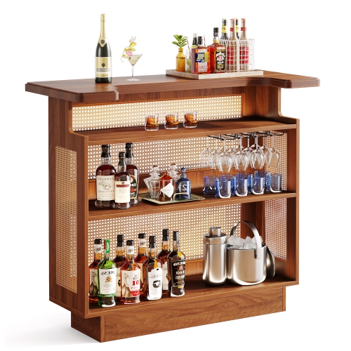 Lantine Rattan Home Bar, Farmhouse 4-Tier Bar Table with 4 Stemware Racks and Heightened Base, Liquor Wine Bar Cabinet Mini Bar Table for Home Pub,