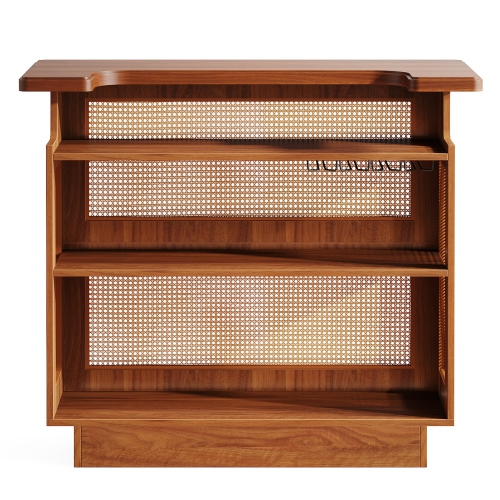 Lantine Rattan Home Bar, Farmhouse 4-Tier Bar Table with 4 Stemware Racks and Heightened Base, Liquor Wine Bar Cabinet Mini Bar Table for Home Pub,