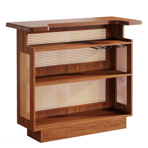 Lantine Rattan Home Bar, Farmhouse 4-Tier Bar Table with 4 Stemware Racks and Heightened Base, Liquor Wine Bar Cabinet Mini Bar Table for Home Pub,