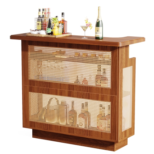 Lantine Rattan Home Bar, Farmhouse 4-Tier Bar Table with 4 Stemware Racks and Heightened Base, Liquor Wine Bar Cabinet Mini Bar Table for Home Pub,