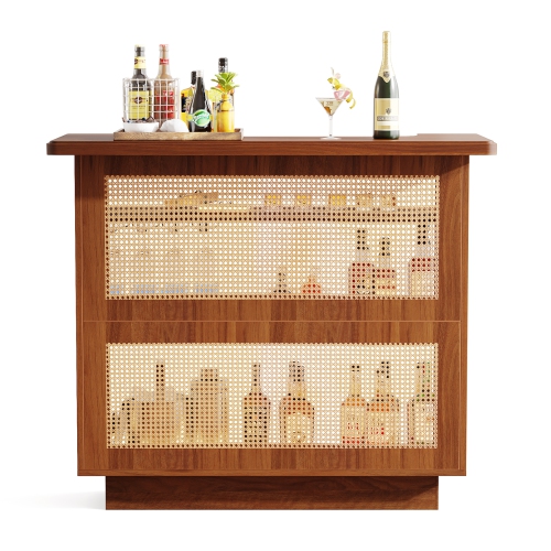 Lantine Rattan Home Bar, Farmhouse 4-Tier Bar Table with 4 Stemware Racks and Heightened Base, Liquor Wine Bar Cabinet Mini Bar Table for Home Pub,