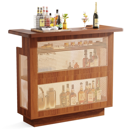 Lantine Rattan Home Bar, Farmhouse 4-Tier Bar Table with 4 Stemware Racks and Heightened Base, Liquor Wine Bar Cabinet Mini Bar Table for Home Pub,