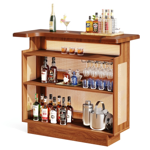 Lantine Rattan Home Bar, Farmhouse 4-Tier Bar Table with 4 Stemware Racks and Heightened Base, Liquor Wine Bar Cabinet Mini Bar Table for Home Pub,