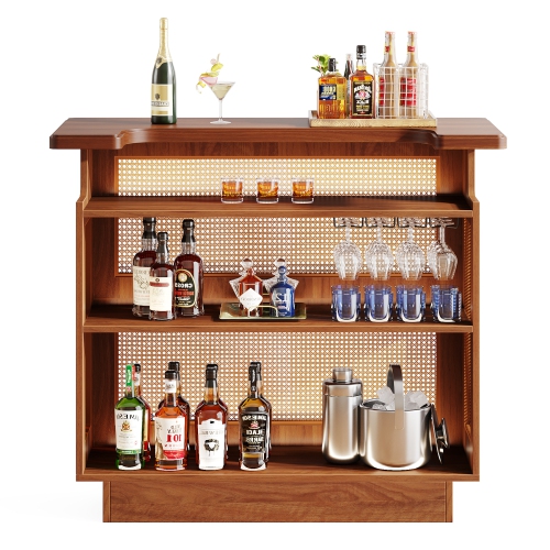 Lantine Rattan Home Bar, Farmhouse 4-Tier Bar Table with 4 Stemware Racks and Heightened Base, Liquor Wine Bar Cabinet Mini Bar Table for Home Pub,