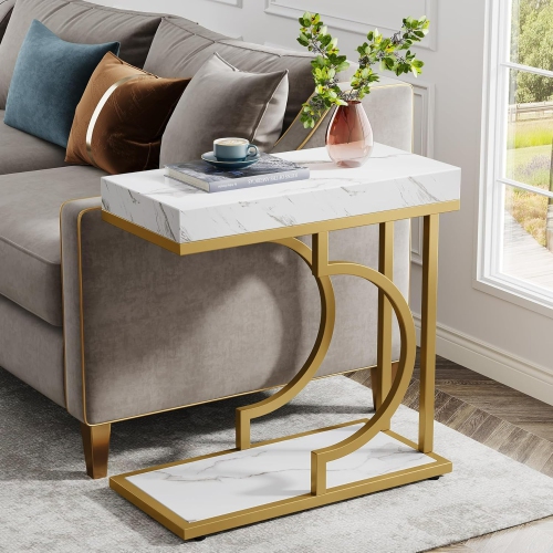 LANTINE  Narrow Side Table Gold Side Table C Shaped End Table Modern Bedside Table Small Side Table for Couch, Sofa Table w Metal Frame for Living