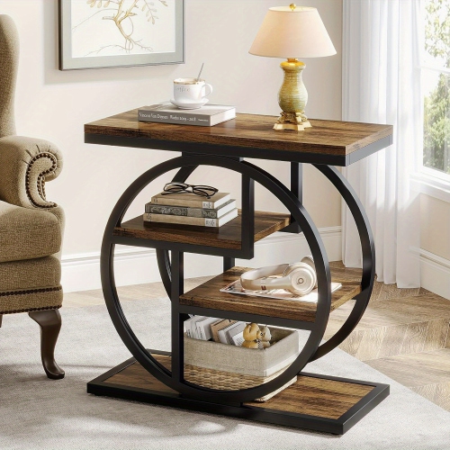 Lantine End Table For Living Room, 4-Tier Narrow Side Table With Storage Shelves, Industrial Bedside Table For Bedroom, Wood Small Sofa Side Table