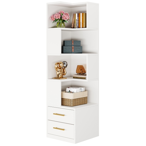 Lantine 5-Tier 66.9-Inch Tall Corner Bookshelf, Modern Simple Storage Cabinet for Living Room, Home Office, White