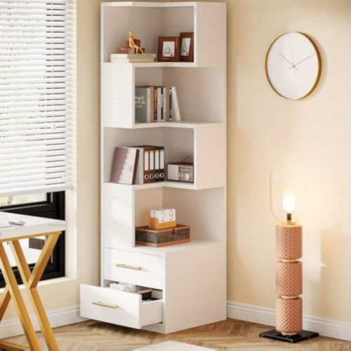 Lantine 5-Tier 66.9-Inch Tall Corner Bookshelf, Modern Simple Storage Cabinet for Living Room, Home Office, White
