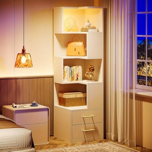 Lantine 5-Tier 66.9-Inch Tall Corner Bookshelf, Modern Simple Storage Cabinet for Living Room, Home Office, White