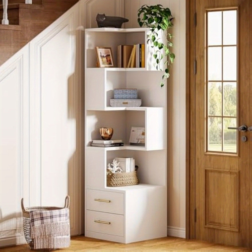 Lantine 5-Tier 66.9-Inch Tall Corner Bookshelf, Modern Simple Storage Cabinet for Living Room, Home Office, White