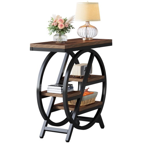Lantine End Table For Living Room, 3-Tier Narrow Side Table With Storage, Wood Sofa Side Table With Geometric Metal Frame, Industrial Nightstand And