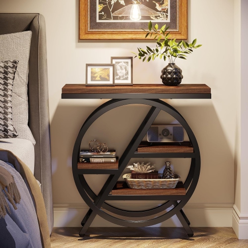 Lantine End Table For Living Room, 3-Tier Narrow Side Table With Storage, Wood Sofa Side Table With Geometric Metal Frame, Industrial Nightstand And