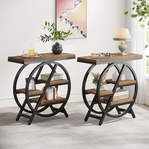 Lantine End Table For Living Room, 3-Tier Narrow Side Table With Storage, Wood Sofa Side Table With Geometric Metal Frame, Industrial Nightstand And
