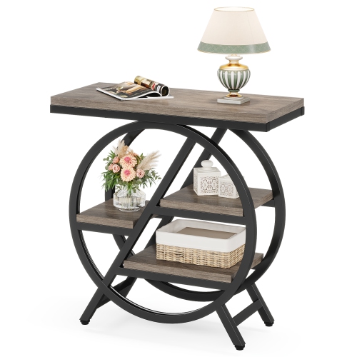 Lantine End Table For Living Room, 3-Tier Narrow Side Table With Storage, Wood Sofa Side Table With Geometric Metal Frame, Industrial Nightstand And