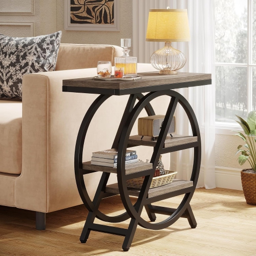 Lantine End Table For Living Room, 3-Tier Narrow Side Table With Storage, Wood Sofa Side Table With Geometric Metal Frame, Industrial Nightstand And