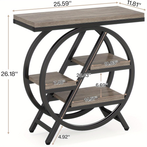 Lantine End Table For Living Room, 3-Tier Narrow Side Table With Storage, Wood Sofa Side Table With Geometric Metal Frame, Industrial Nightstand And
