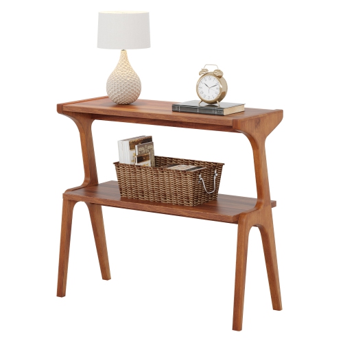Lantine Wood End Table for Living Room, Farmhouse Tall Couch Side Table with Storage Shelves, Long Nightstand with Solid Wood Legs for Bedroom, Small