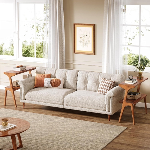 Lantine Wood End Table for Living Room, Farmhouse Tall Couch Side Table with Storage Shelves, Long Nightstand with Solid Wood Legs for Bedroom, Small