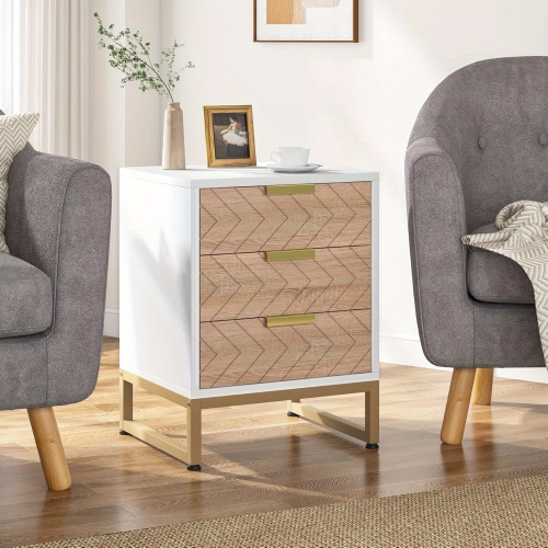 LANTINE  3 Drawers Nightstand Set Of 2, Modern Bedside Table \w Unique Chevron Design End Side Table Night Stands \w Gold Metal Legs for Bedroom ( &