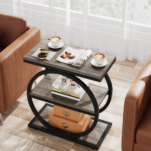 Lantine Narrow Industrial End Table, 3 Storage Shelves, Black Metal Frame, Sofa Side Table for Living Room, Slim Nightstand for Bedroom