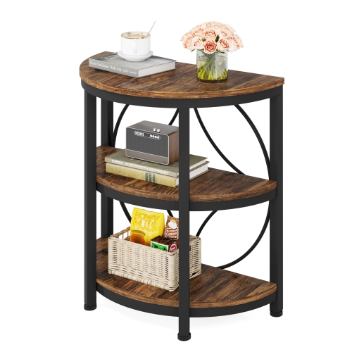 Lantine – Table de bout demi-ronde, table d'appoint en demi-cercle avec tablettes, cadre en métal, console à 3 niveaux, brun rustique pour le salon,