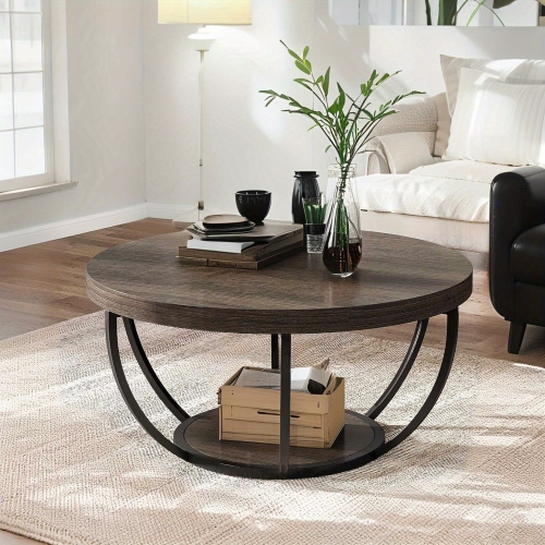 Lantine Round Coffee Table, 31.7" Wooden 2-Tier Circle Coffee Table with Storage Shelves, Modern Accent Cocktail Table Center Table for Living Room,