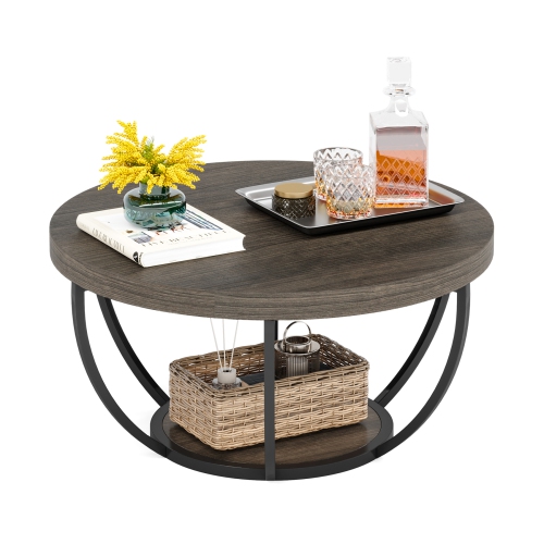 Lantine Round Coffee Table, 31.7" Wooden 2-Tier Circle Coffee Table with Storage Shelves, Modern Accent Cocktail Table Center Table for Living Room,