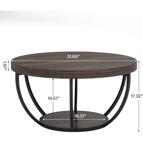 Lantine Round Coffee Table, 31.7" Wooden 2-Tier Circle Coffee Table with Storage Shelves, Modern Accent Cocktail Table Center Table for Living Room,