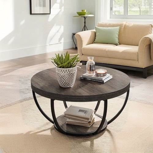 Lantine Round Coffee Table, 31.7" Wooden 2-Tier Circle Coffee Table with Storage Shelves, Modern Accent Cocktail Table Center Table for Living Room,
