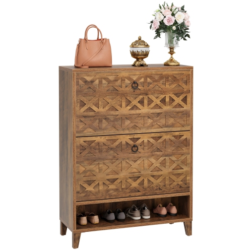 Lantine 2-Flip Drawer Brown Freestanding Shoe Storage Cabinet, Narrow Entryway Organizer with Adjustable Shelves