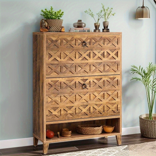 Lantine 2-Flip Drawer Brown Freestanding Shoe Storage Cabinet, Narrow Entryway Organizer with Adjustable Shelves