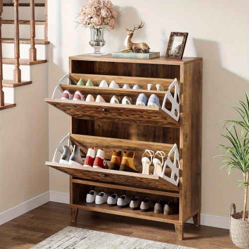 Lantine 2-Flip Drawer Brown Freestanding Shoe Storage Cabinet, Narrow Entryway Organizer with Adjustable Shelves