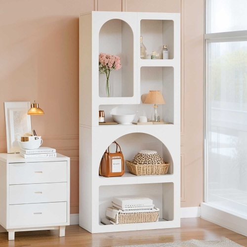Lantine 70.9-inch Tall White Geometric Bookshelf, Arched Bookcase with 5 Irregular Storage Shelves for Living Room, Bedroom, Closet
