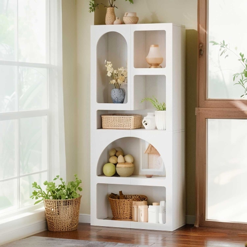Lantine 70.9-inch Tall White Geometric Bookshelf, Arched Bookcase with 5 Irregular Storage Shelves for Living Room, Bedroom, Closet