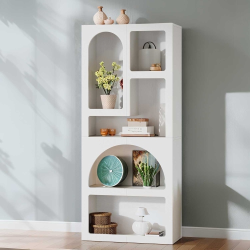 Lantine 70.9-inch Tall White Geometric Bookshelf, Arched Bookcase with 5 Irregular Storage Shelves for Living Room, Bedroom, Closet