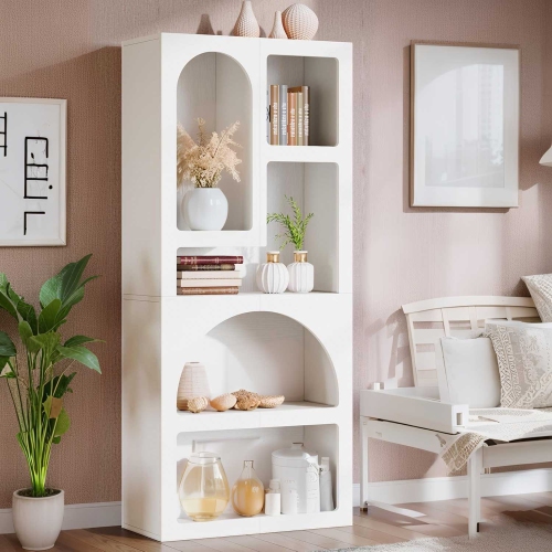 Lantine 70.9-inch Tall White Geometric Bookshelf, Arched Bookcase with 5 Irregular Storage Shelves for Living Room, Bedroom, Closet