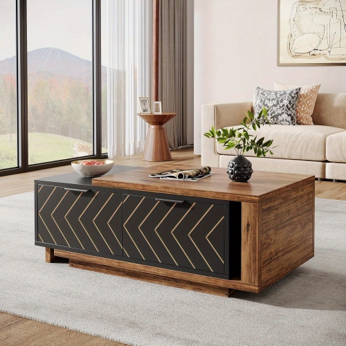 LANTINE  Extendable Coffee Table w 2 Storage Drawers, Dual-Tone Center Table w Sliding Tabletop, Multi-Functional Hidden Storage Wooden Rectangle